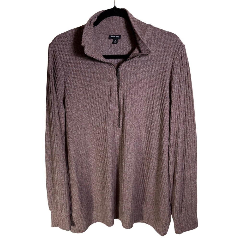 Torrid Women 1 Plus Mauve Purple Ribbed Quarter Zip Pullover Long Sleeve Top